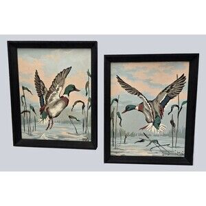 Vintage Paint By Number Mallard Ducks In Flight PBN Set of 2 Framed 9x11 Signed